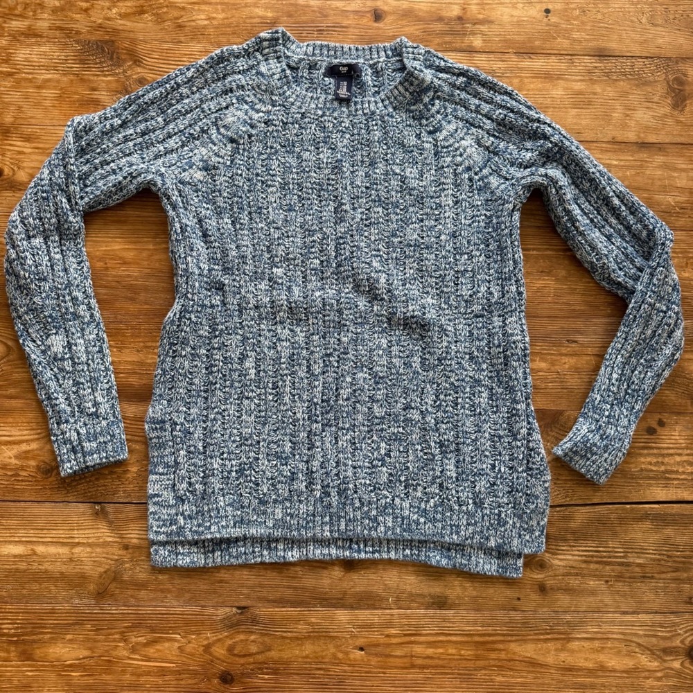 Gap Blue White Marled Cotton‎ Chunky Ribbed Knit Raglan Sweater Pullover XS EUC